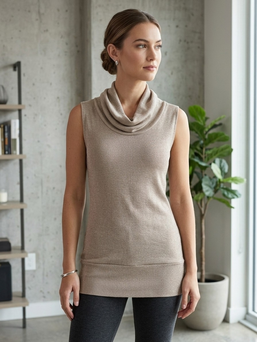 Sleeveless Metallic Sparkly Cowl Neck Tunic in Taupe - Picture 7 of 7